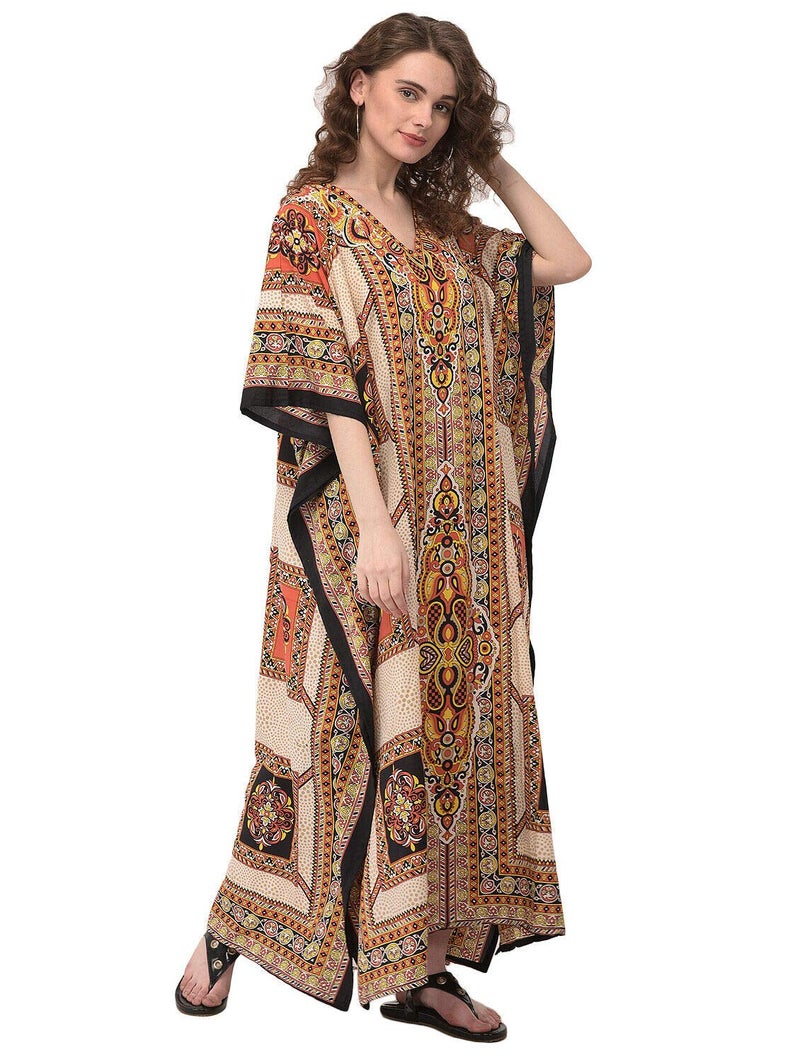 Oussum Ladies Kaftans Kimono Maxi Style Dresses Geometric Printed Caftan Beach Dress Women Plus Size Evening Gown Beige - Image 3